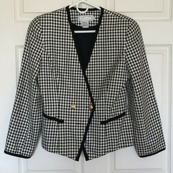 Simon Chang Blazer Women's Size 6 Vintage Designer Black White Hounds Tooth - Picture 1 of 5